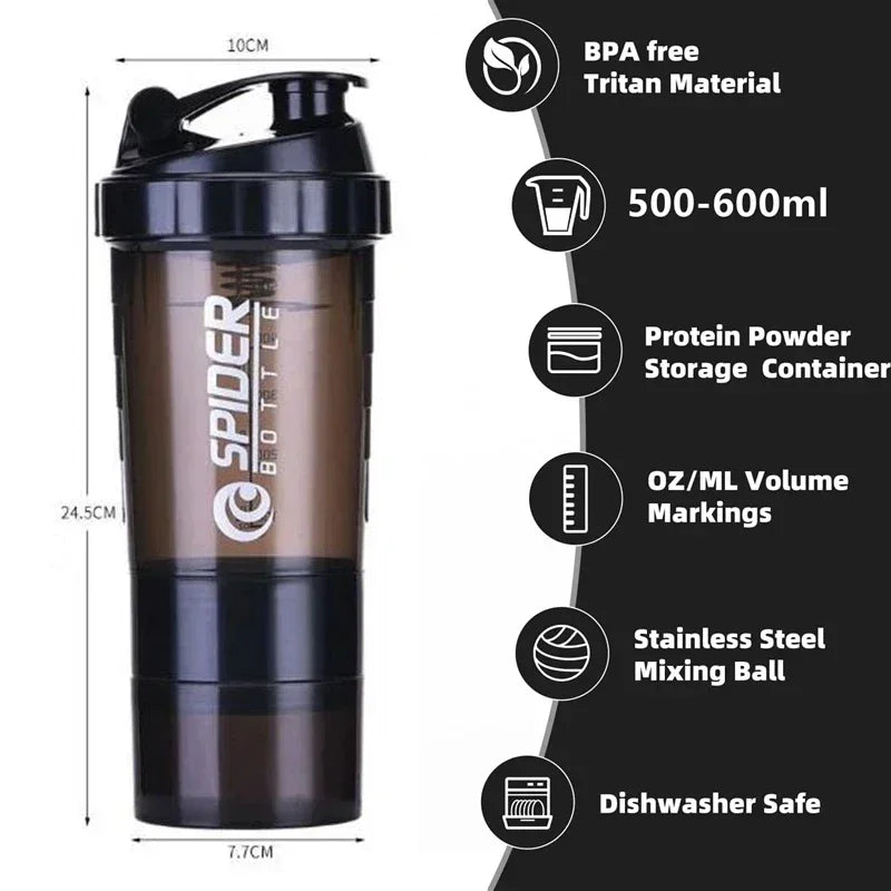 Vaso Shaker de Proteínas Portátil 500 ml – Botella Deportiva con Compartimento para Polvo y Bola Batidora de Alambre para Gimnasio y Fitness